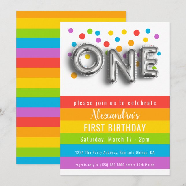 Invitation Fun coloré Premier Anniversaire Rainbow Personnali (Devant / Derrière)