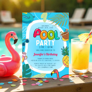 Invitation Fun & Colorée Pool Party   Nage de palmiers Annive