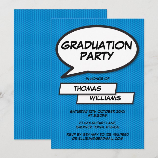 Invitation Fun Comic Book Blue Class of 2021 Graduation Party (Devant / Derrière)