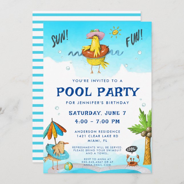 Invitation Fun Cool Pool Party Anniversaire (Devant / Derrière)