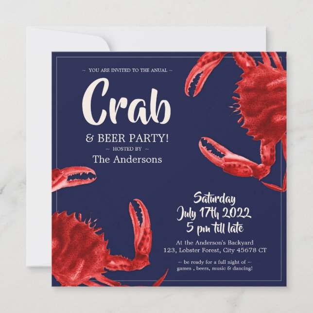 Invitation Fun Crabe bouil bleu foncé fête d'été Personnalisé (Devant)