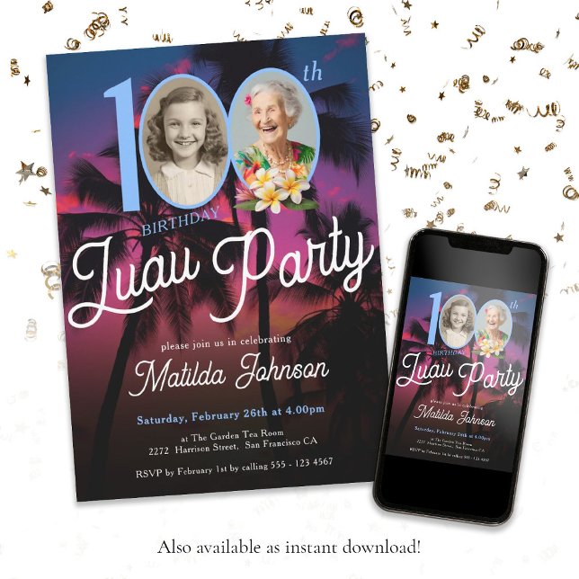 Invitation Fun Custom Photo Luau 100e Anniversaire (100th Birthday Luau Party Classy Fun Custom Photo Invitation)