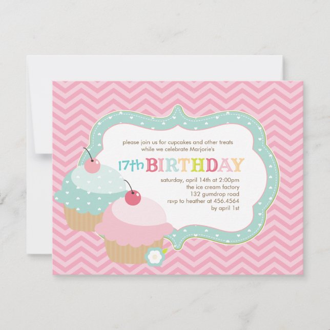 Invitation Fun de Cupcake fête d'anniversaire colorée (Devant)