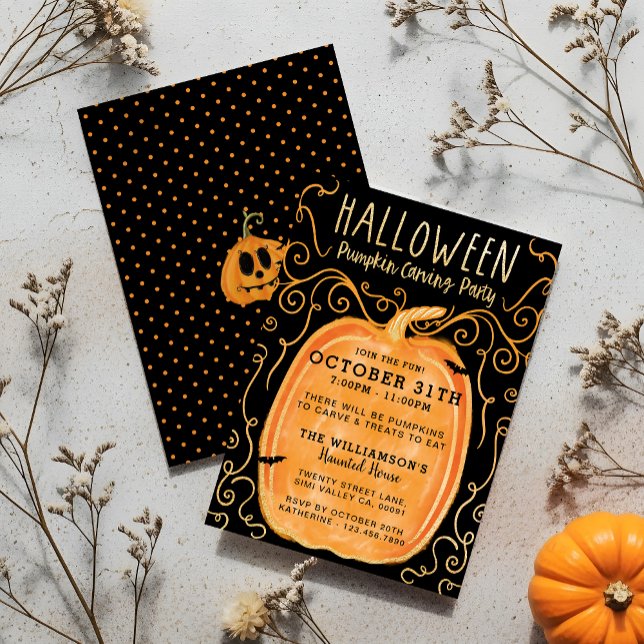 Invitation Fun d'Halloween Black & Orange Citrouille Carving  (Black & Orange Fun Halloween Pumpkin Carving Party Invitation)