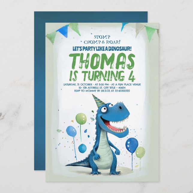 Invitation Fun Dinosaur Bleu et Vert Anniversaire (Devant / Derrière)