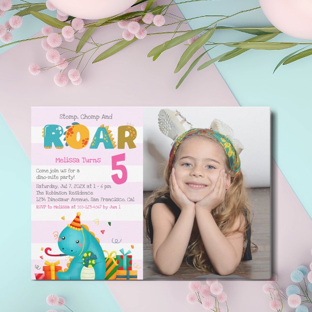 Invitation Fun Dinosaur Stomp Chomp and roar Birthday Girl (Créateur téléchargé)