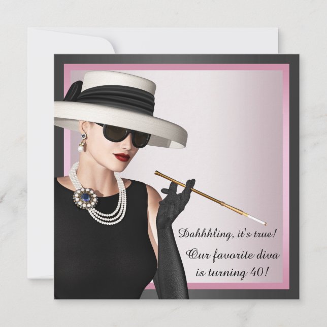 Invitation Fun Diva Femme Rose et Noir 40e Anniversaire (Devant)