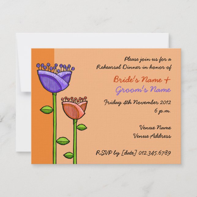 Invitation Fun Doodle Flowers Orange violet Répétition (Devant)