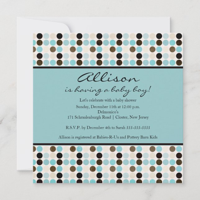 Invitation FUN Dots Baby shower de garçon bleu et Brown (Devant)