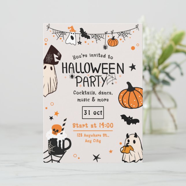 Invitation Fun Éffrayant Orange et Black Halloween Party (Debout devant)