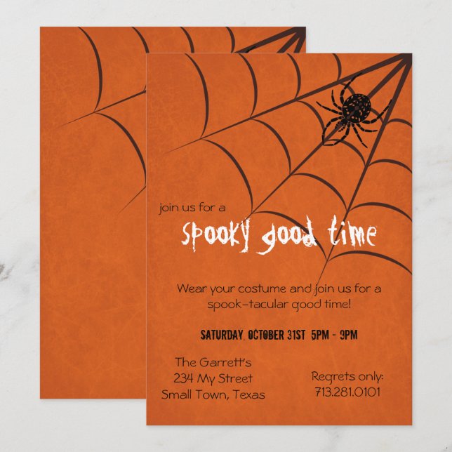 Invitation Fun Éffrayant Spider et Web Black Orange Halloween (Devant / Derrière)