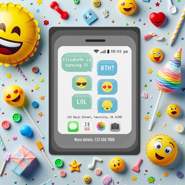 Invitation Fun Emoji Texte Message Parti Anniversaire de enfa (Fun Emoji Text Message Kids Birthday Party Invitation)