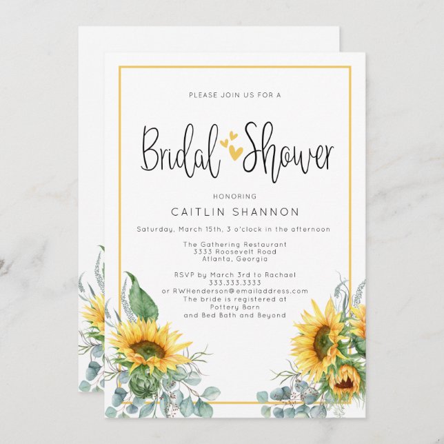 Invitation Fun Fête des mariées tournesol avec Coeurs Jaunes (Devant / Derrière)
