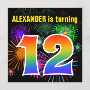 Invitation Fun Fireworks + Rainbow Motif "12" Anniversaire #