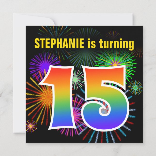 Invitation Fun Fireworks + Rainbow Motif "15" Anniversaire # (Devant)