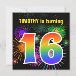 Invitation Fun Fireworks + Rainbow Motif "16" Anniversaire #