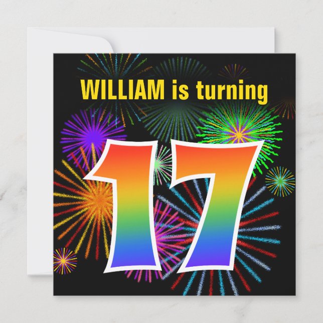 Invitation Fun Fireworks + Rainbow Motif "17" Anniversaire # (Devant)