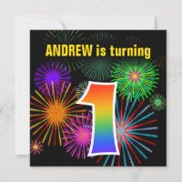 Fun Fireworks + Rainbow Motif "1" Anniversaire #