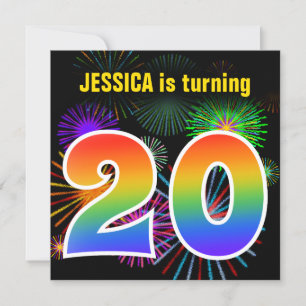 Invitation Fun Fireworks + Rainbow Motif "20" Anniversaire #