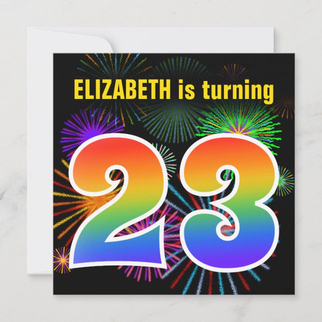 Invitation Fun Fireworks + Rainbow Motif "23" Anniversaire # (Devant)