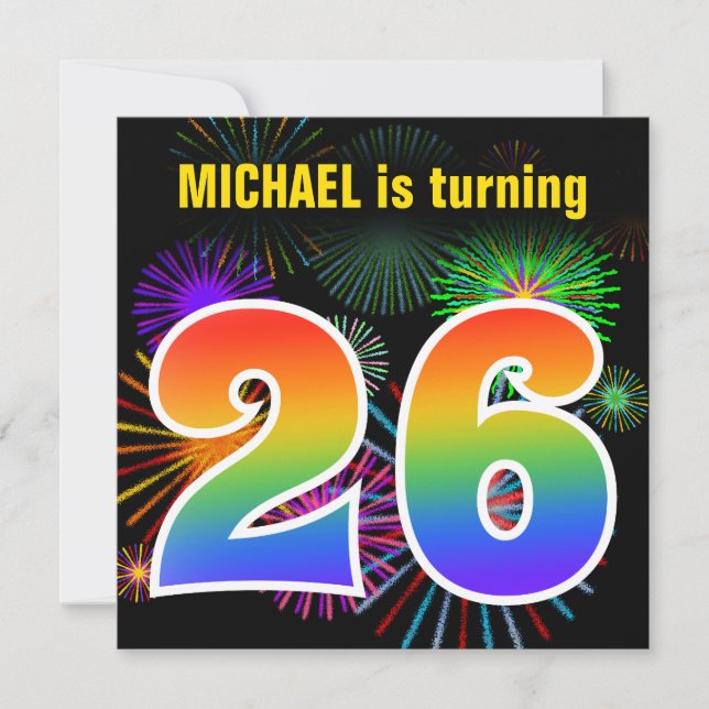 Invitation Fun Fireworks + Rainbow Motif "26" Anniversaire # (Devant)