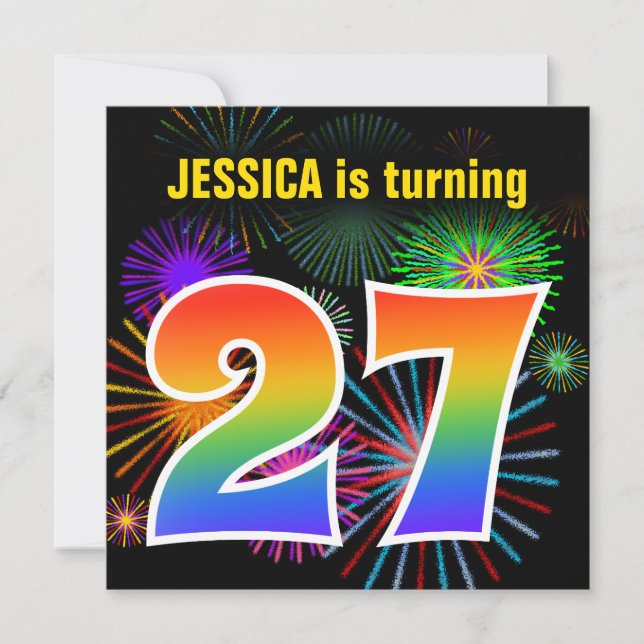 Invitation Fun Fireworks + Rainbow Motif "27" Anniversaire # (Devant)