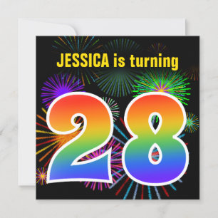Invitation Fun Fireworks + Rainbow Motif "28" Anniversaire #