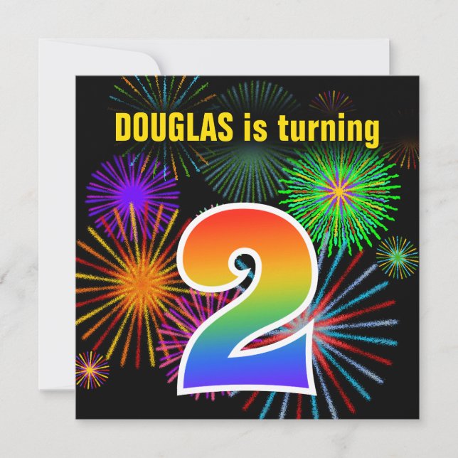 Invitation Fun Fireworks + Rainbow Motif "2" Anniversaire # (Devant)