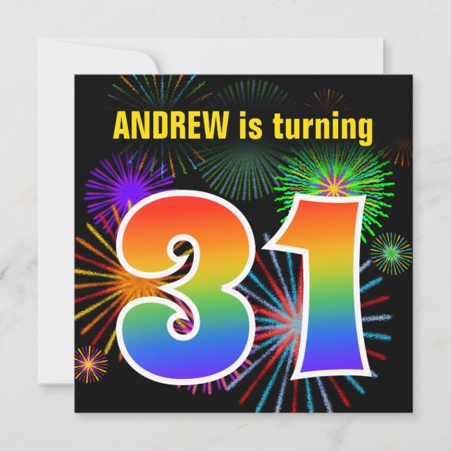 Invitation Fun Fireworks + Rainbow Motif "31" Anniversaire # (Devant)