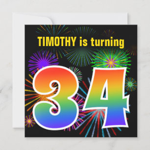 Invitation Fun Fireworks + Rainbow Motif "34" Anniversaire #