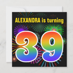 Invitation Fun Fireworks + Rainbow Motif "39" Anniversaire n°