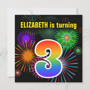 Invitation Fun Fireworks + Rainbow Motif "3" Anniversaire #