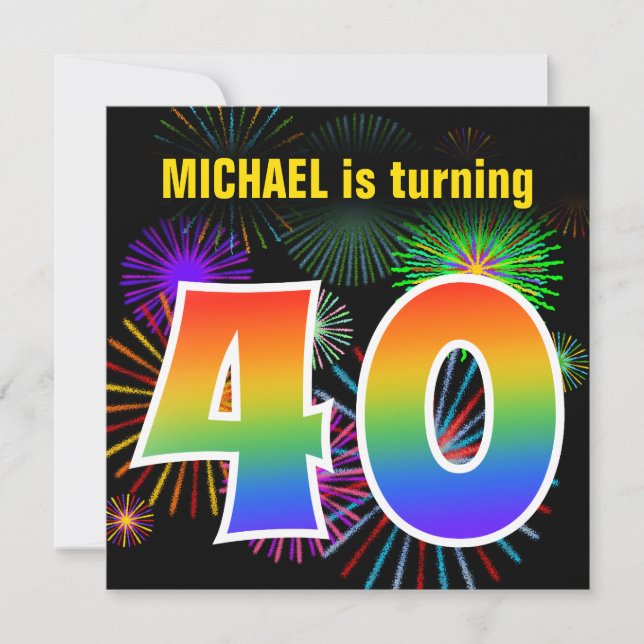 Invitation Fun Fireworks + Rainbow Motif "40" Anniversaire # (Devant)