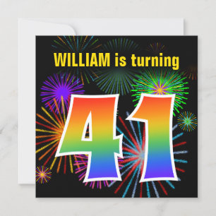 Invitation Fun Fireworks + Rainbow Motif "41" Anniversaire #
