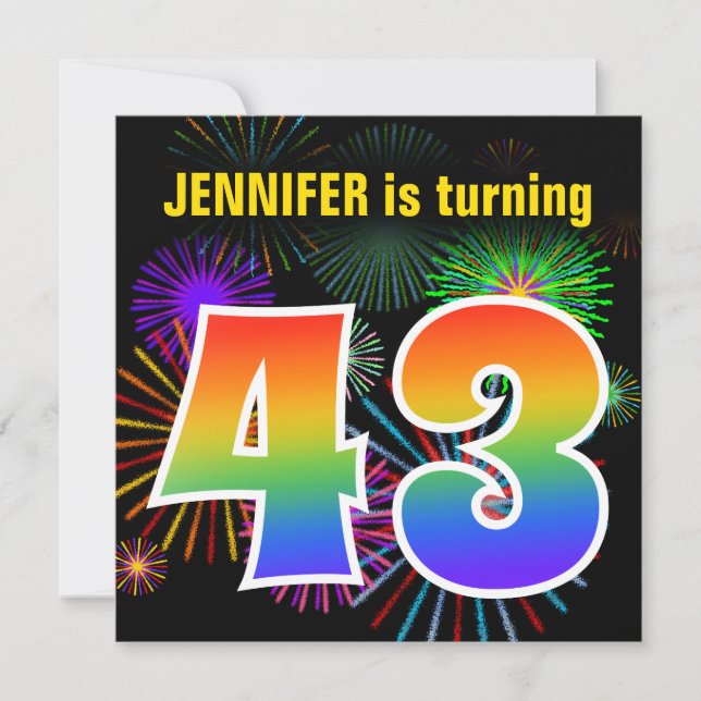 Invitation Fun Fireworks + Rainbow Motif "43" Anniversaire # (Devant)