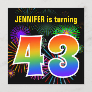Invitation Fun Fireworks + Rainbow Motif "43" Anniversaire #