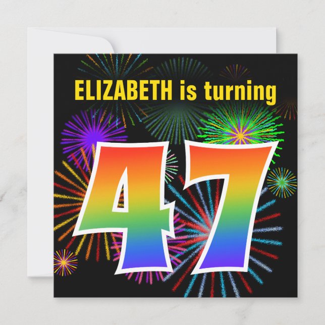 Invitation Fun Fireworks + Rainbow Motif "47" Anniversaire # (Devant)
