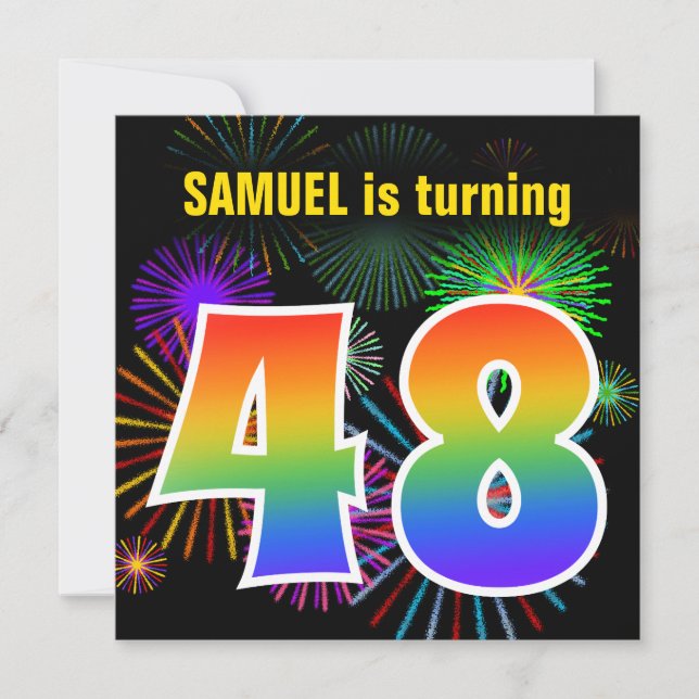 Invitation Fun Fireworks + Rainbow Motif "48" Anniversaire # (Devant)