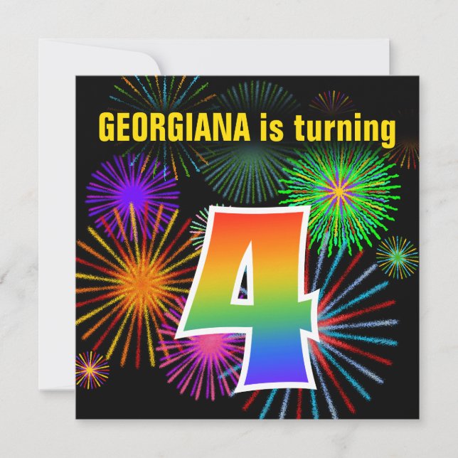 Invitation Fun Fireworks + Rainbow Motif "4" Anniversaire # (Devant)