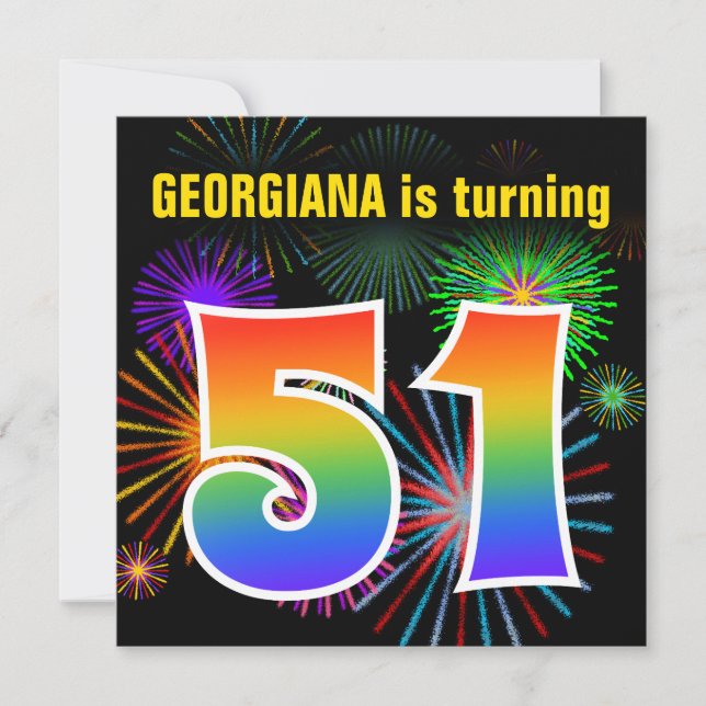 Invitation Fun Fireworks + Rainbow Motif "51" Anniversaire # (Devant)