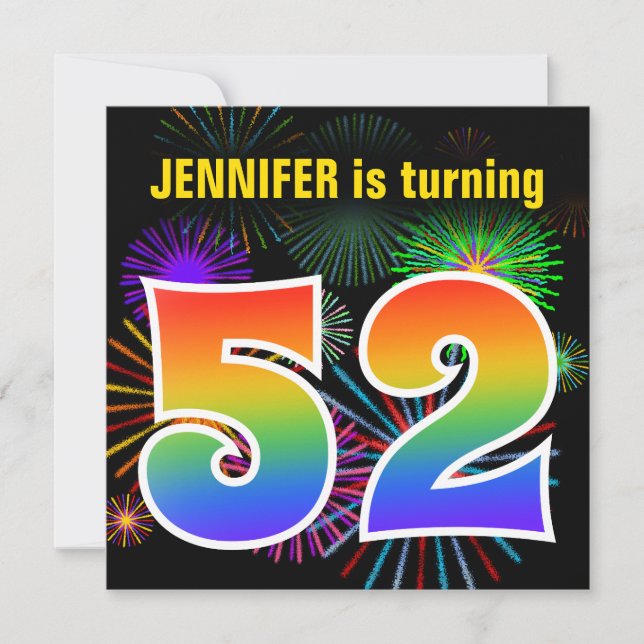 Invitation Fun Fireworks + Rainbow Motif "52" Anniversaire # (Devant)