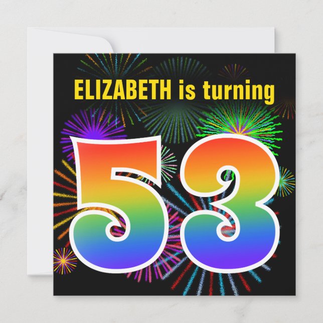 Invitation Fun Fireworks + Rainbow Motif "53" Anniversaire # (Devant)
