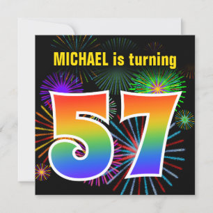 Invitation Fun Fireworks + Rainbow Motif "57" Anniversaire #