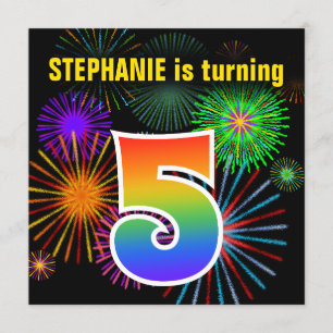 Invitation Fun Fireworks + Rainbow Motif "5" Anniversaire #