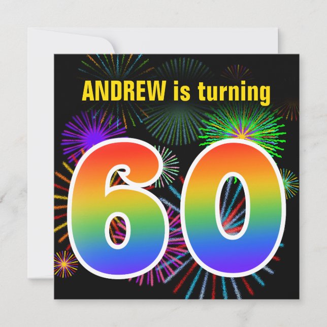 Invitation Fun Fireworks + Rainbow Motif "60" Anniversaire # (Devant)