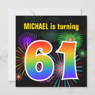 Invitation Fun Fireworks + Rainbow Motif "61" Anniversaire #