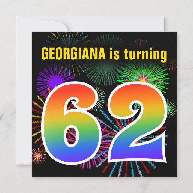 Invitation Fun Fireworks + Rainbow Motif "62" Anniversaire # (Devant)