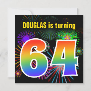 Invitation Fun Fireworks + Rainbow Motif "64" Anniversaire #