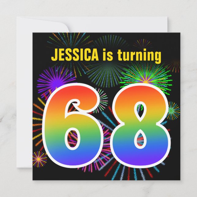 Invitation Fun Fireworks + Rainbow Motif "68" Anniversaire # (Devant)