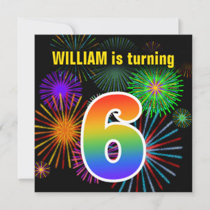 Invitation Fun Fireworks + Rainbow Motif "6" Anniversaire #